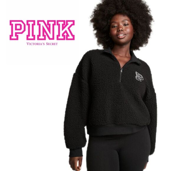 PLUS SIZE! Victoria Secrets Pink Sherpa 3/4 Zip Up Sweatshirt XXL - Picture 1 of 9